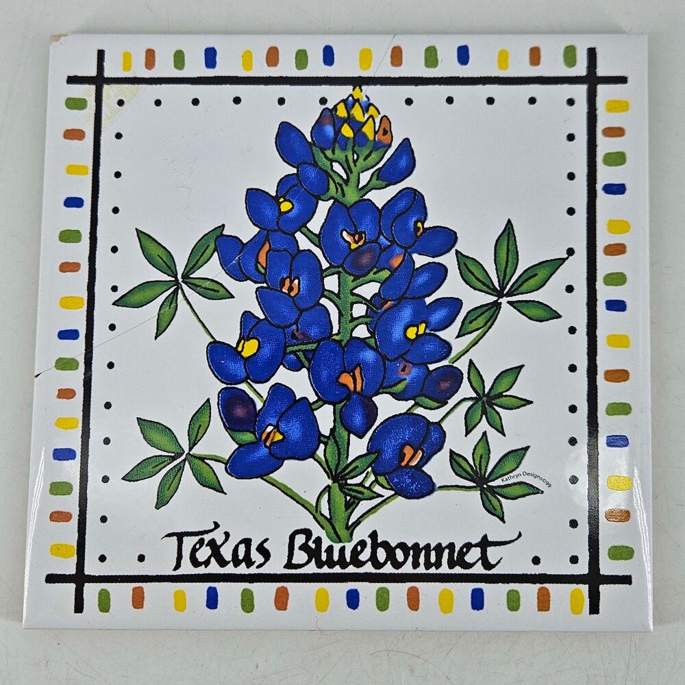 Vintage Kathryn Designs Texas Bluebonnets Ceramic Tile Trivet 6"